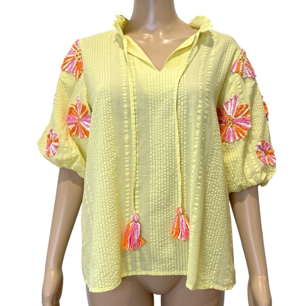 THML Yellow Embroidered Floral Pom Women's Blouse size M